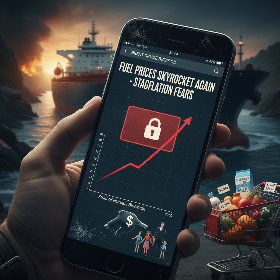 A digital infographic showing skyrocketing fuel prices on a smartphone screen against a backdrop of oil tankers near the Strait of Hormuz.