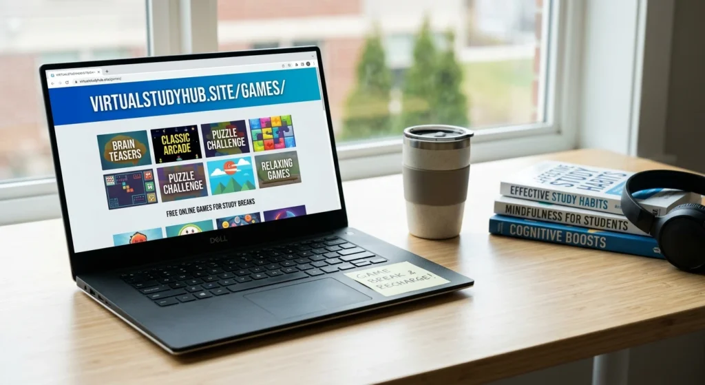 Laptop screen showcasing Virtual Study Hub Student Arcade with free browser games on a study desk.
